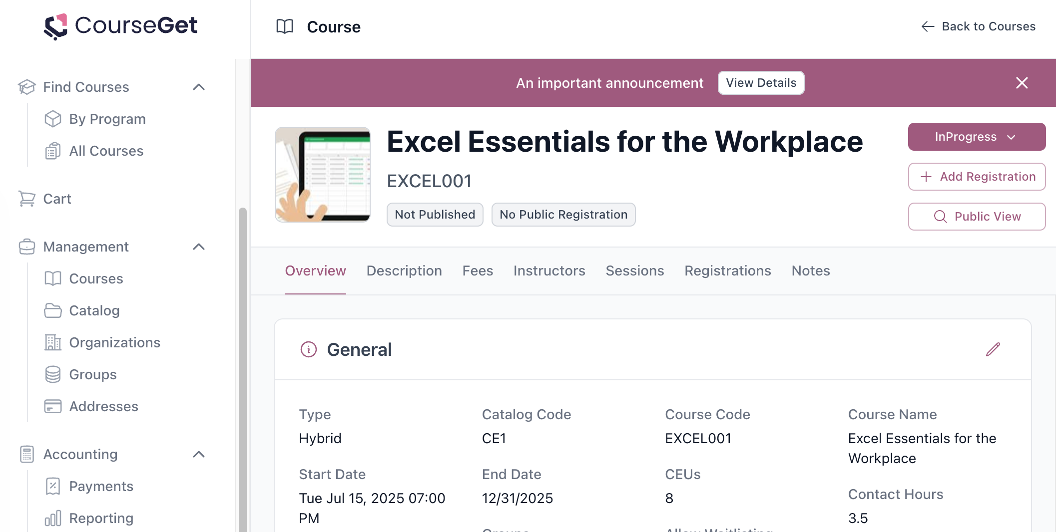 CourseGet cloud dashboard